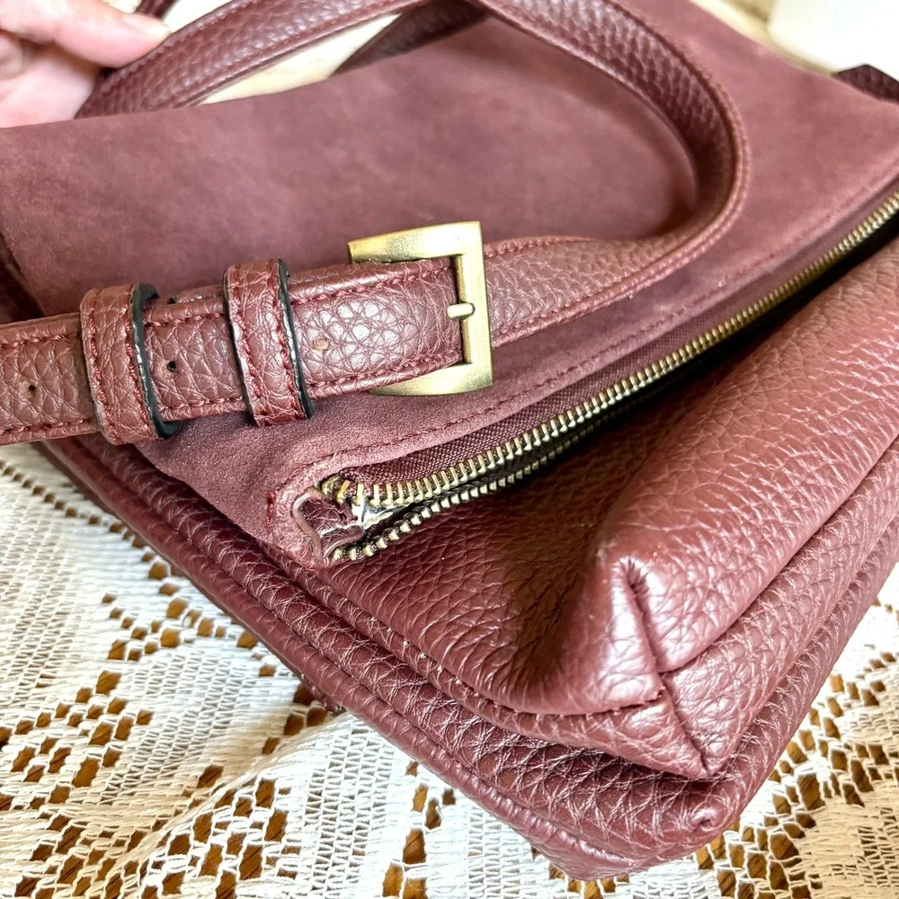 Tignanello Burgundy Pebbled Leather Suede Double Foldover Crossbody Shoulder Bag - Picture 7 of 16